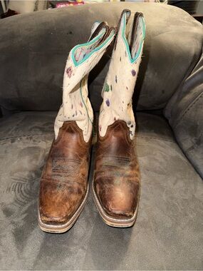 Dan Post Kids Brown Leather Cowboy Boots with White Multicolor Shaft